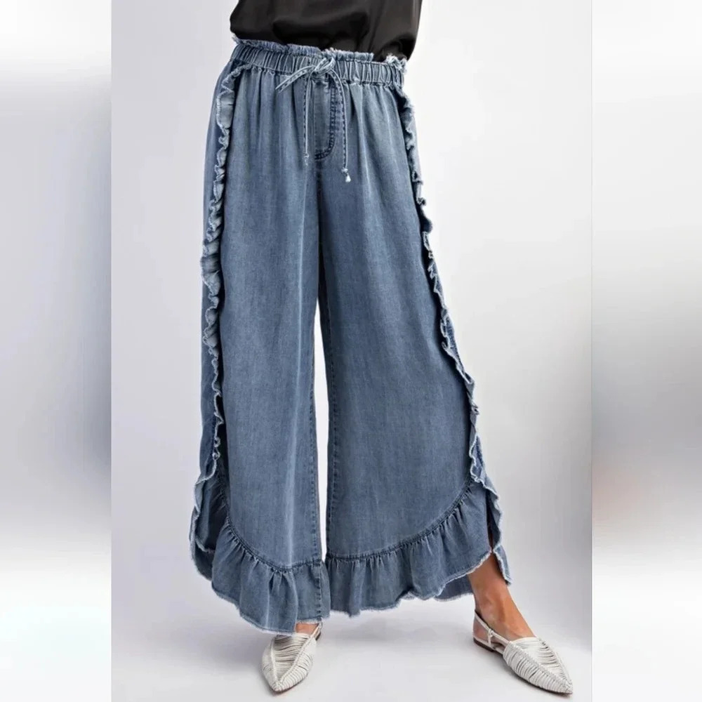 Easel Blue Washed Denim Ruffle Chambray Relaxed Fit Pants New